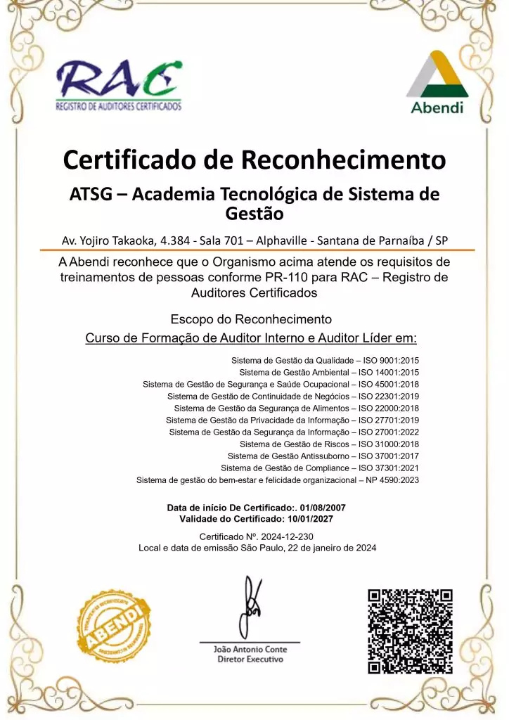 Reconhecimento atual da ATSG como Organismo de Treinamento Reconhecido pela ABENDI RAC