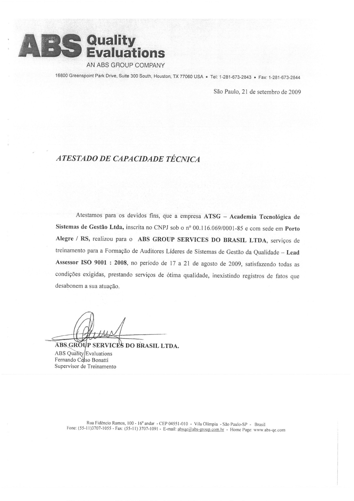 Atestado ABS sobre Formação de Auditores Líderes ISO 9001 realizada pela ATSG