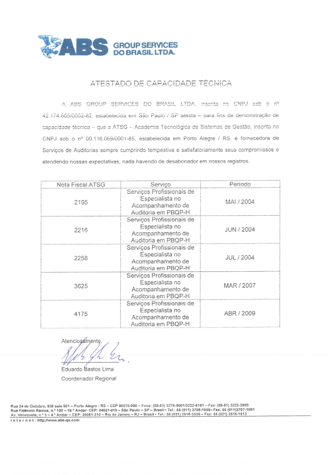 Atestado ABS sobre acompanhamento de auditorias PBQP-H realizado pela ATSG
