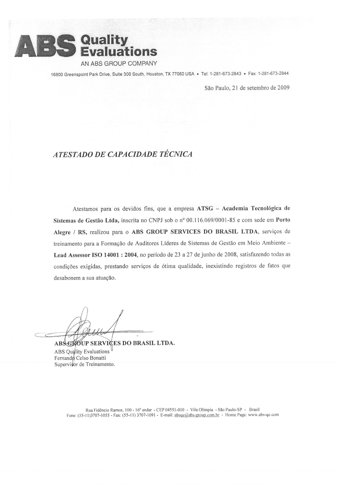 Atestado ABS sobre Formação de Auditores Líderes ISO 14001 realizada pela ATSG