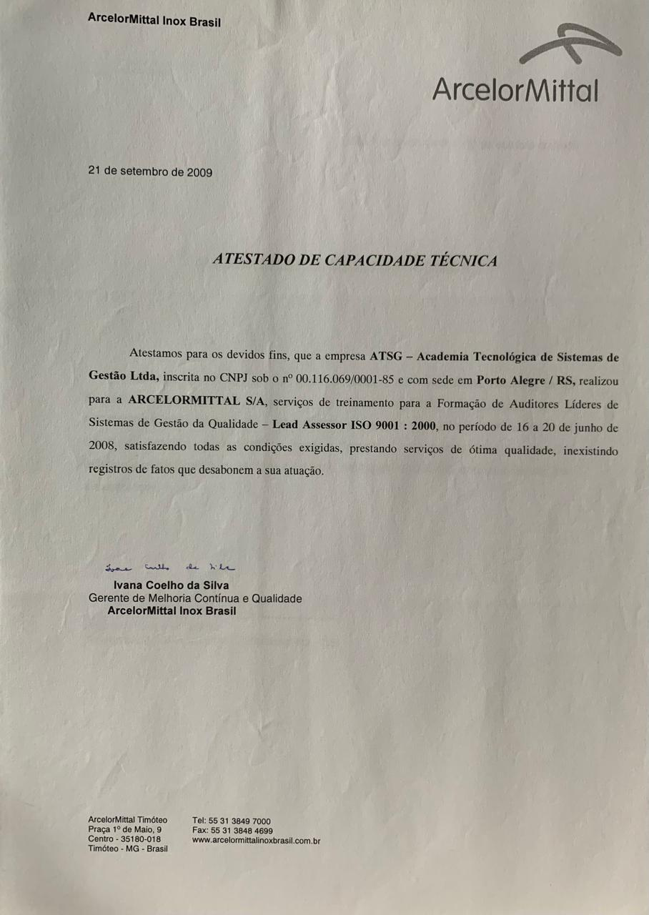 Atestado ArcelorMittal sobre formação ATSG de Auditores Líderes de Sistemas de Gestão da Qualidade — página 1