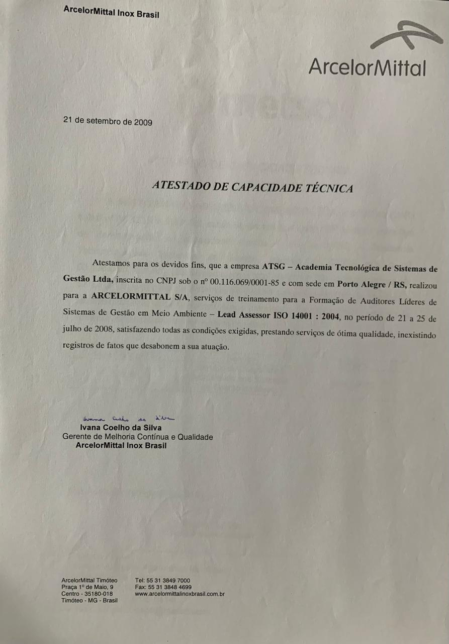 Atestado ArcelorMittal sobre formação ATSG de Auditores Líderes — página 2