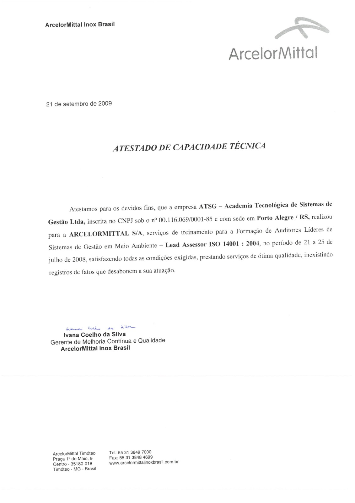 Atestado ArcelorMittal sobre Formação de Auditores Líderes ISO 14001 realizada pela ATSG