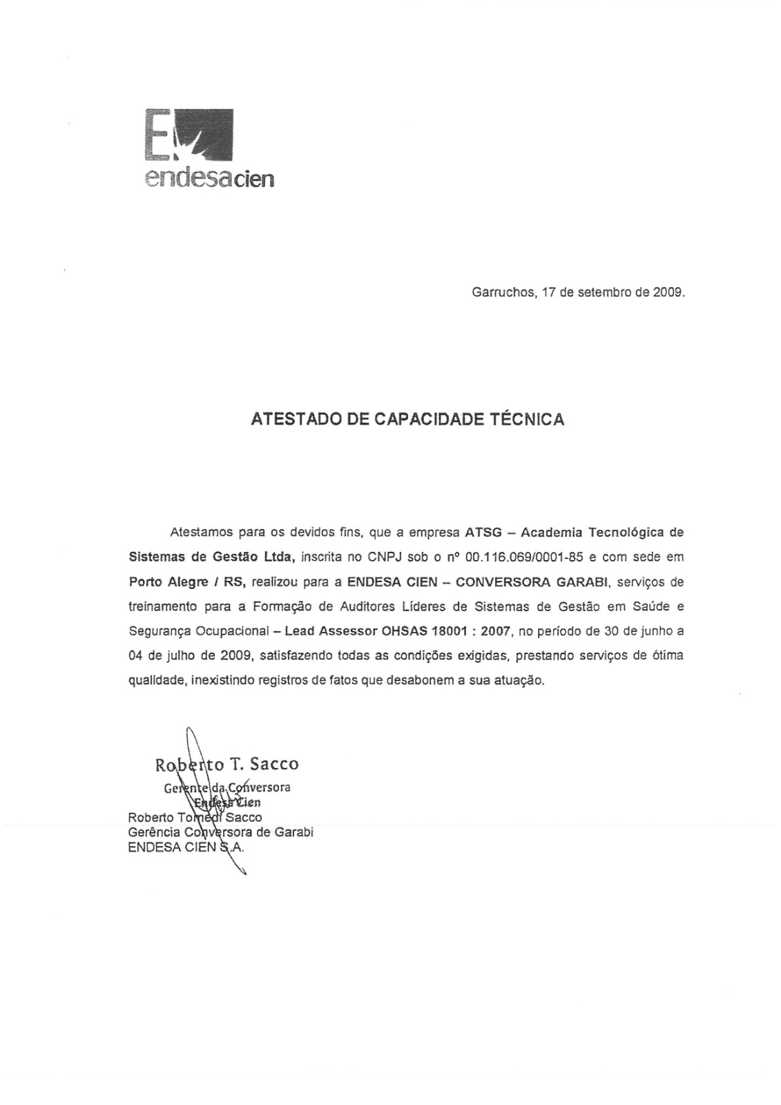 Atestado Endesa Cien sobre Formação de Auditores Líderes OHSAS 18001 realizada pela ATSG
