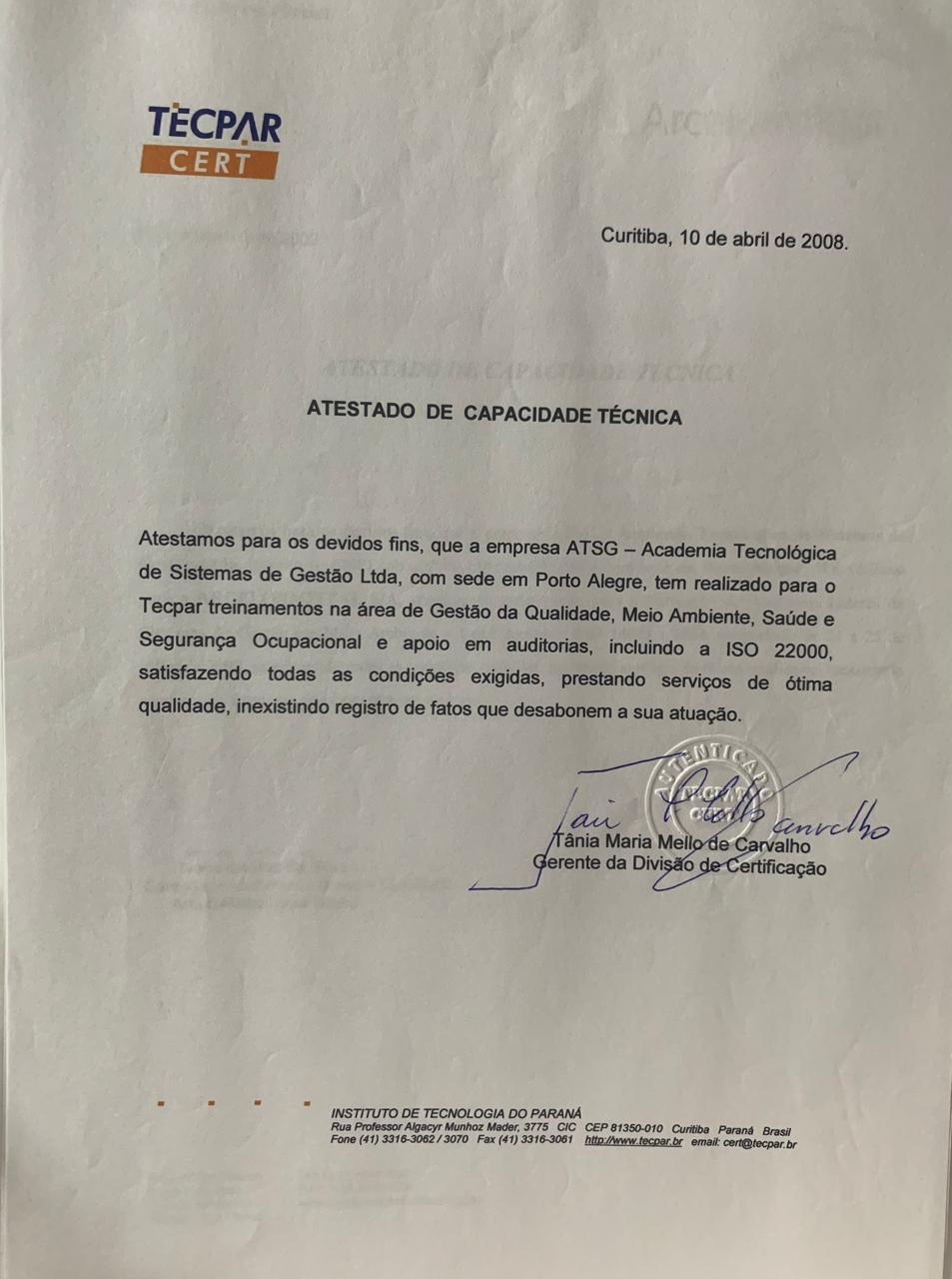 Atestado TECPAR sobre treinamentos e apoio em auditorias realizados pela ATSG