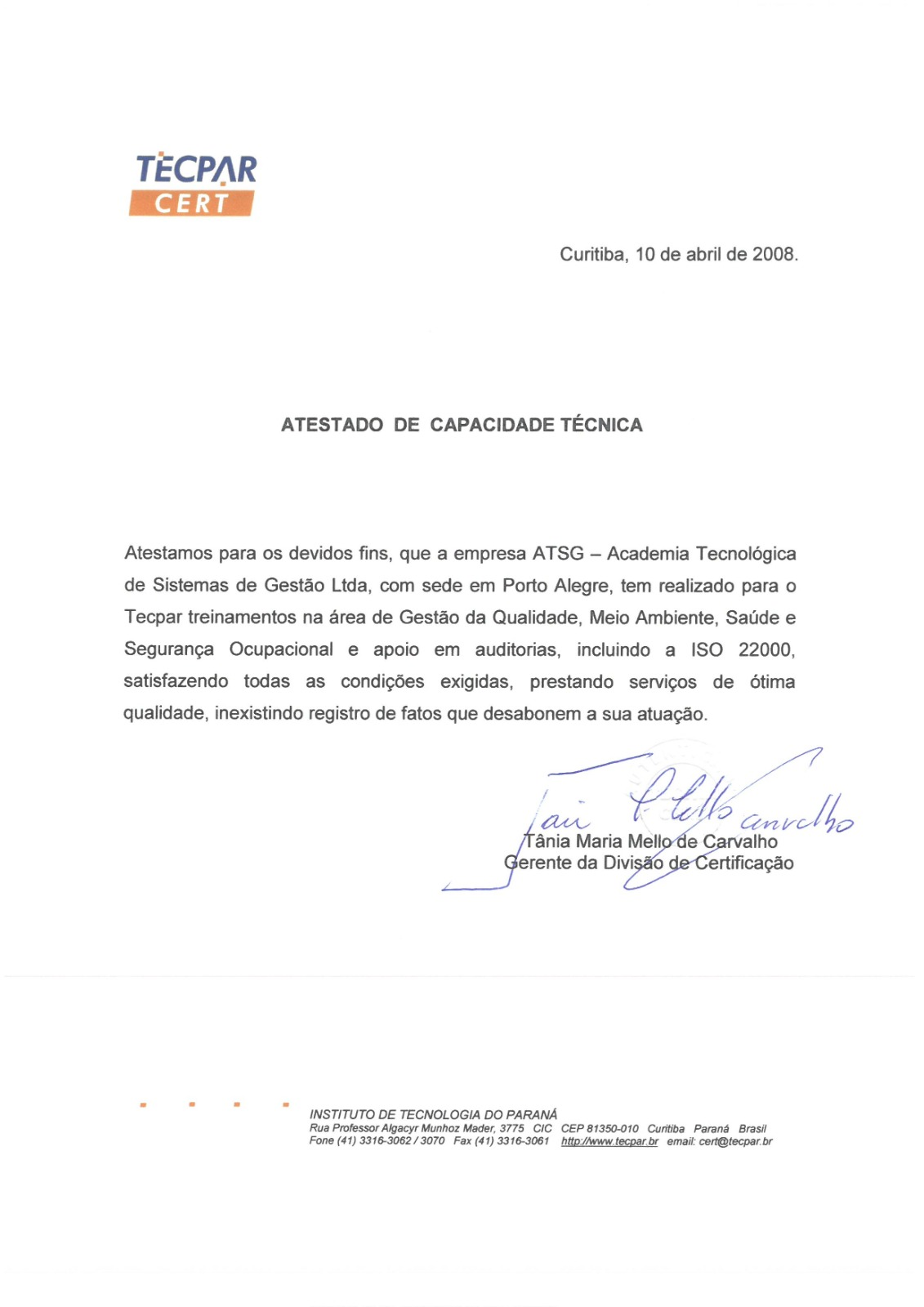 Atestado Tecpar sobre treinamentos e apoio em auditorias realizados pela ATSG