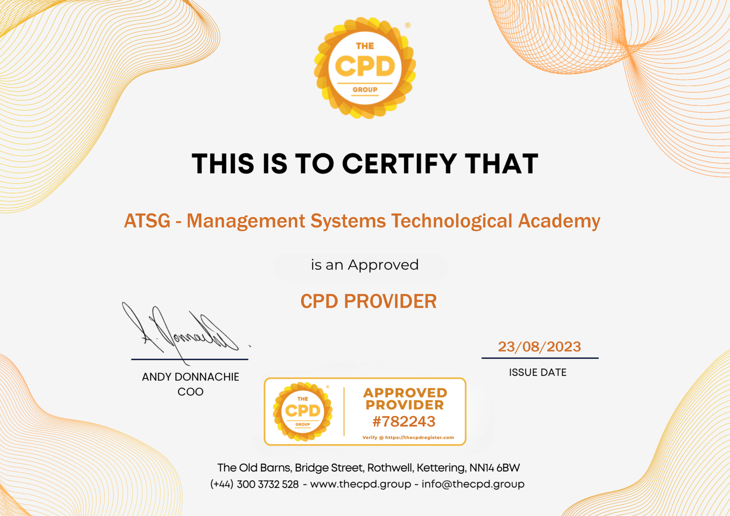 Certificado The CPD Group reconhecendo a ATSG como Approved CPD Provider número 782243