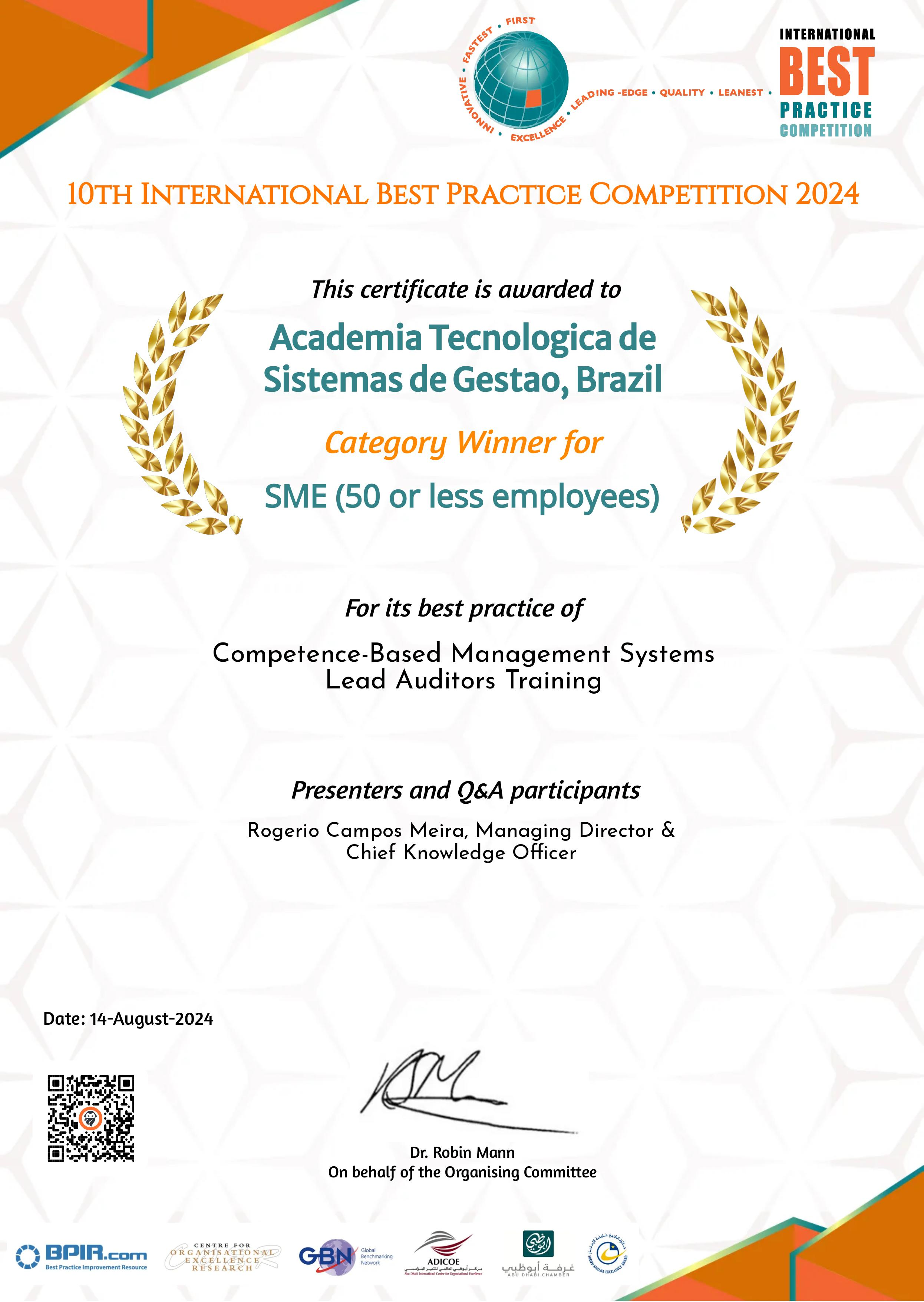 Reconhecimento da metodologia MHC² da ATSG no International Best Practice Competition 2024