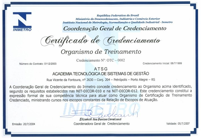 Certificado CGCRE/INMETRO OTC-0002 da ATSG — credenciamento inicial em 1999