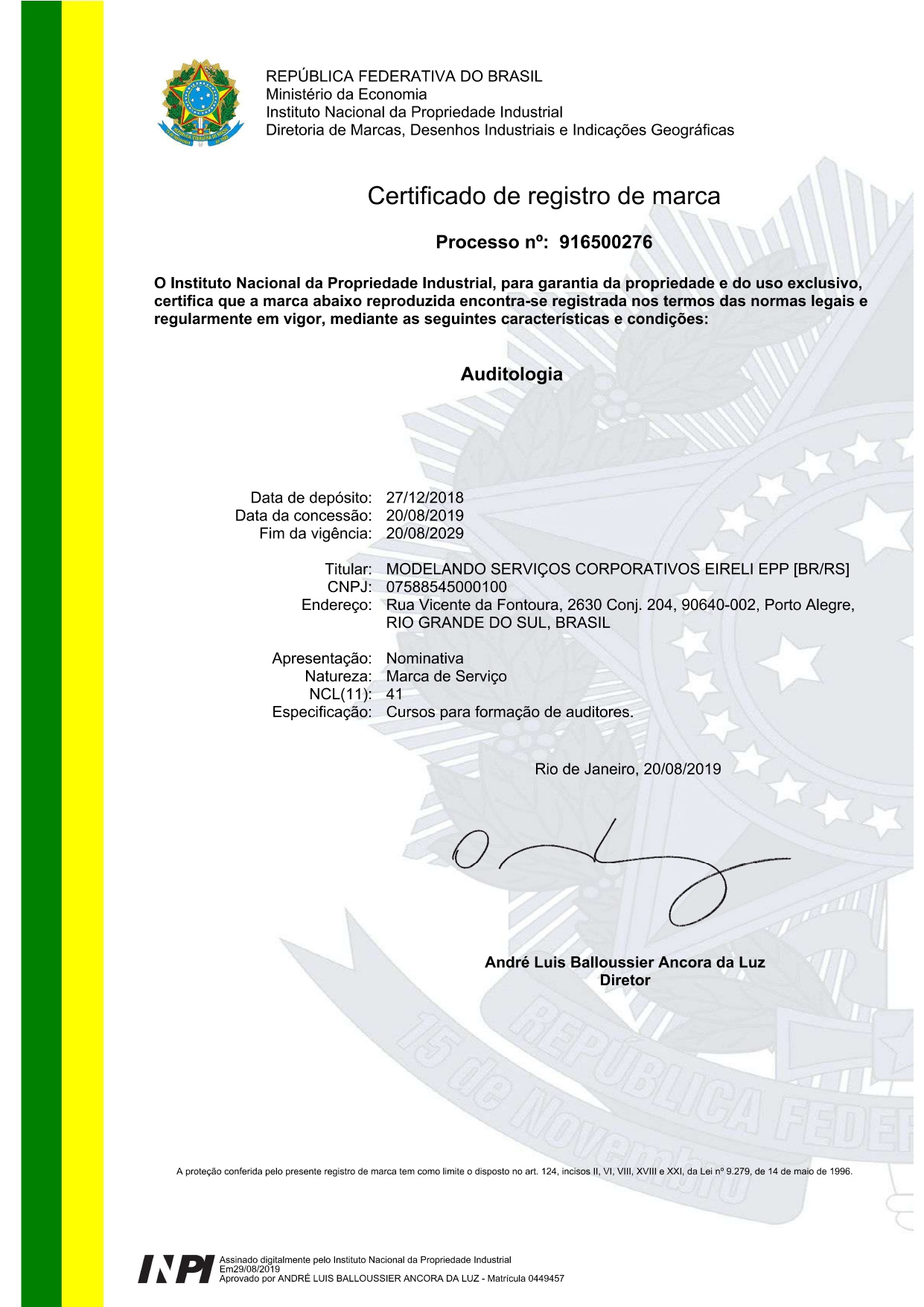 Registro da marca Auditologia® no Instituto Nacional da Propriedade Industrial