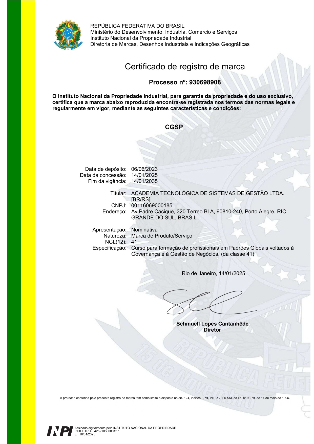 Registro da marca CGSP® no Instituto Nacional da Propriedade Industrial