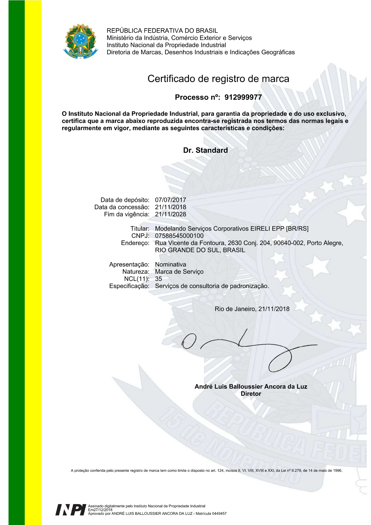 Registro da marca Dr. Standard® no Instituto Nacional da Propriedade Industrial