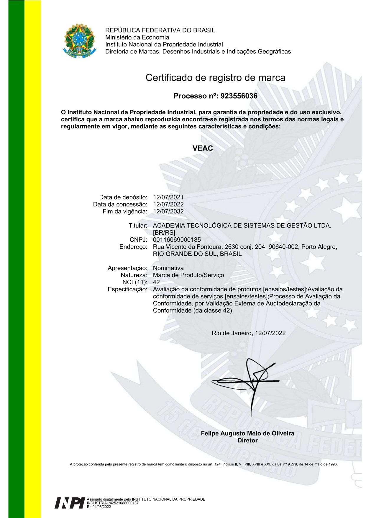 Registro da marca VEAC® no Instituto Nacional da Propriedade Industrial
