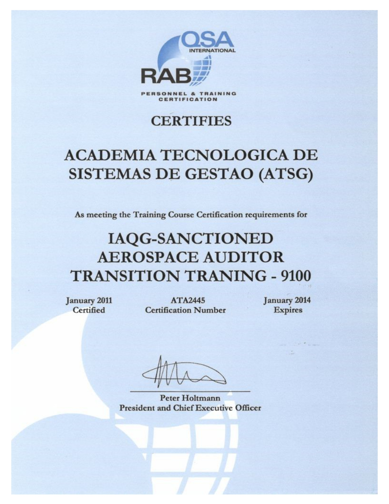Reconhecimento RABQSA relacionado ao Aerospace Auditor Transition Training da ATSG