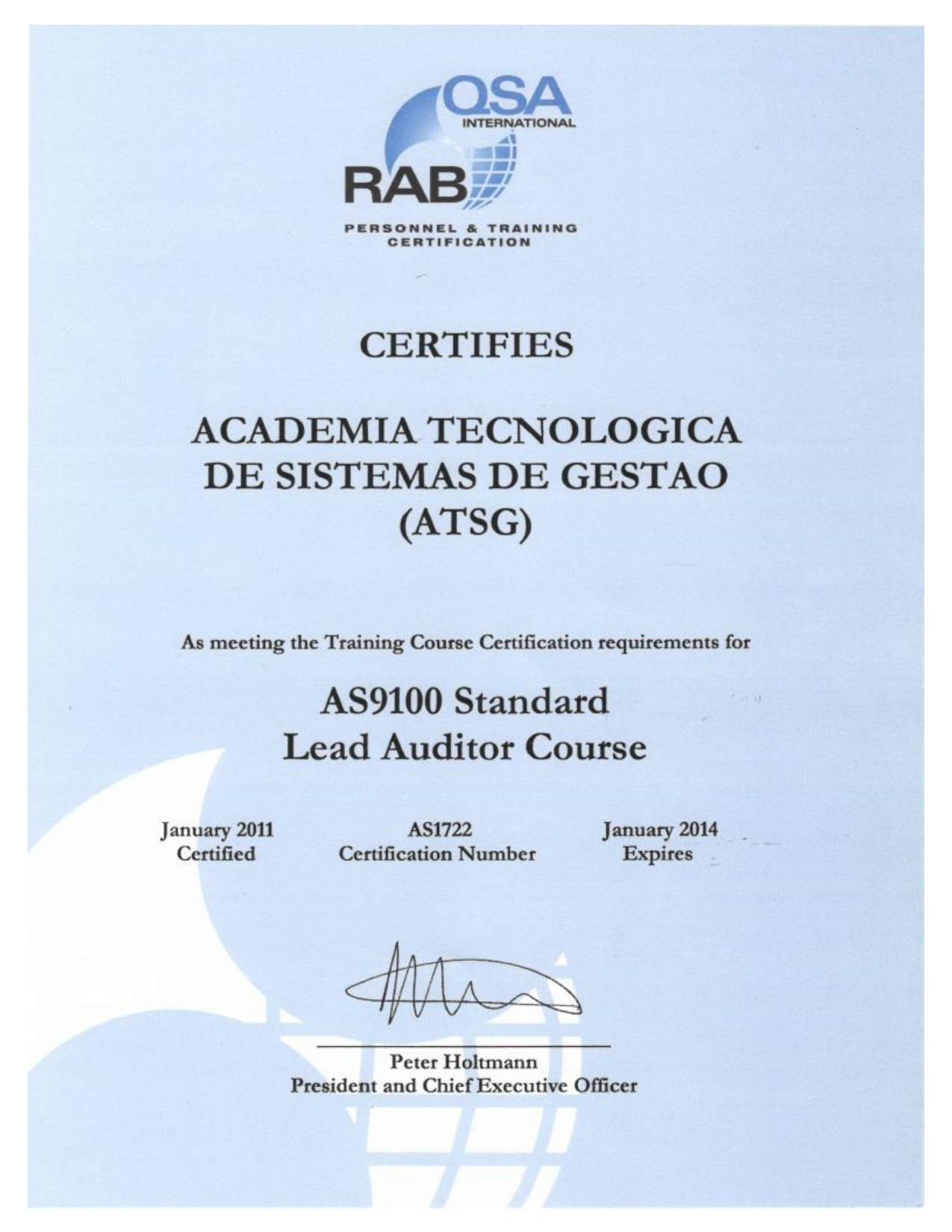 Reconhecimento RABQSA relacionado a Aerospace Quality Management Systems da ATSG