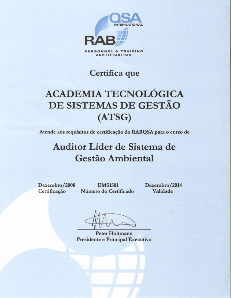 Reconhecimento RABQSA de programa de formação de Auditores Líderes ISO 14001 da ATSG