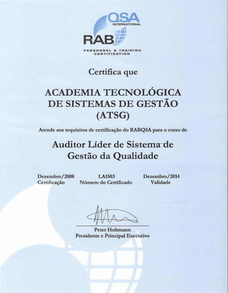Reconhecimento RABQSA de programa de formação de Auditores Líderes ISO 9001 da ATSG