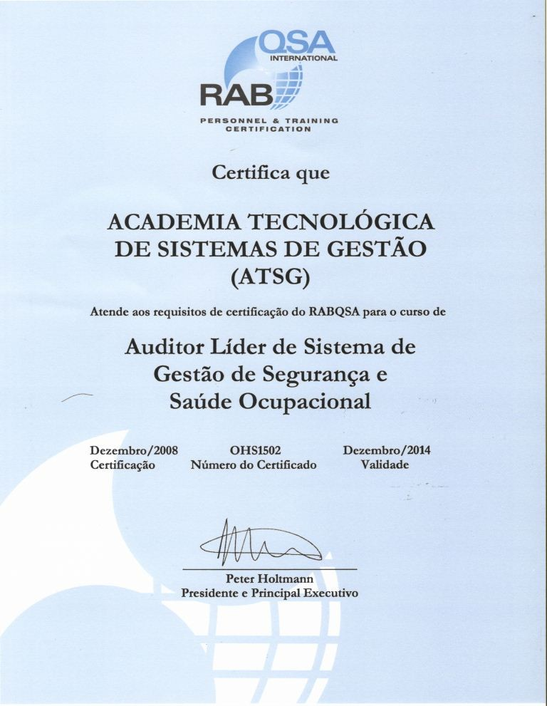 Reconhecimento RABQSA de programa de formação de Auditores Líderes OHSAS 18001 da ATSG