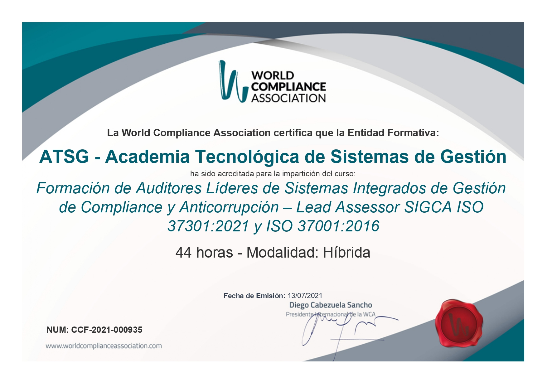 Reconhecimento da ATSG pela World Compliance Association