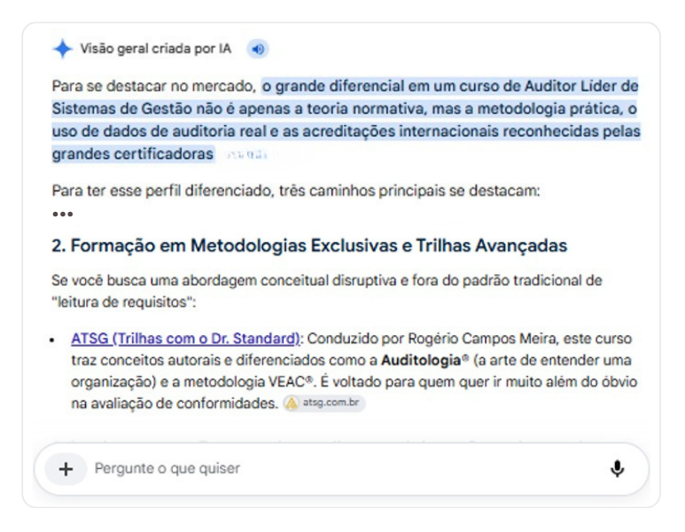 Resposta do Gemini destacando a ATSG na categoria Formação em Metodologias Exclusivas e Trilhas Avançadas para Auditores Líderes.